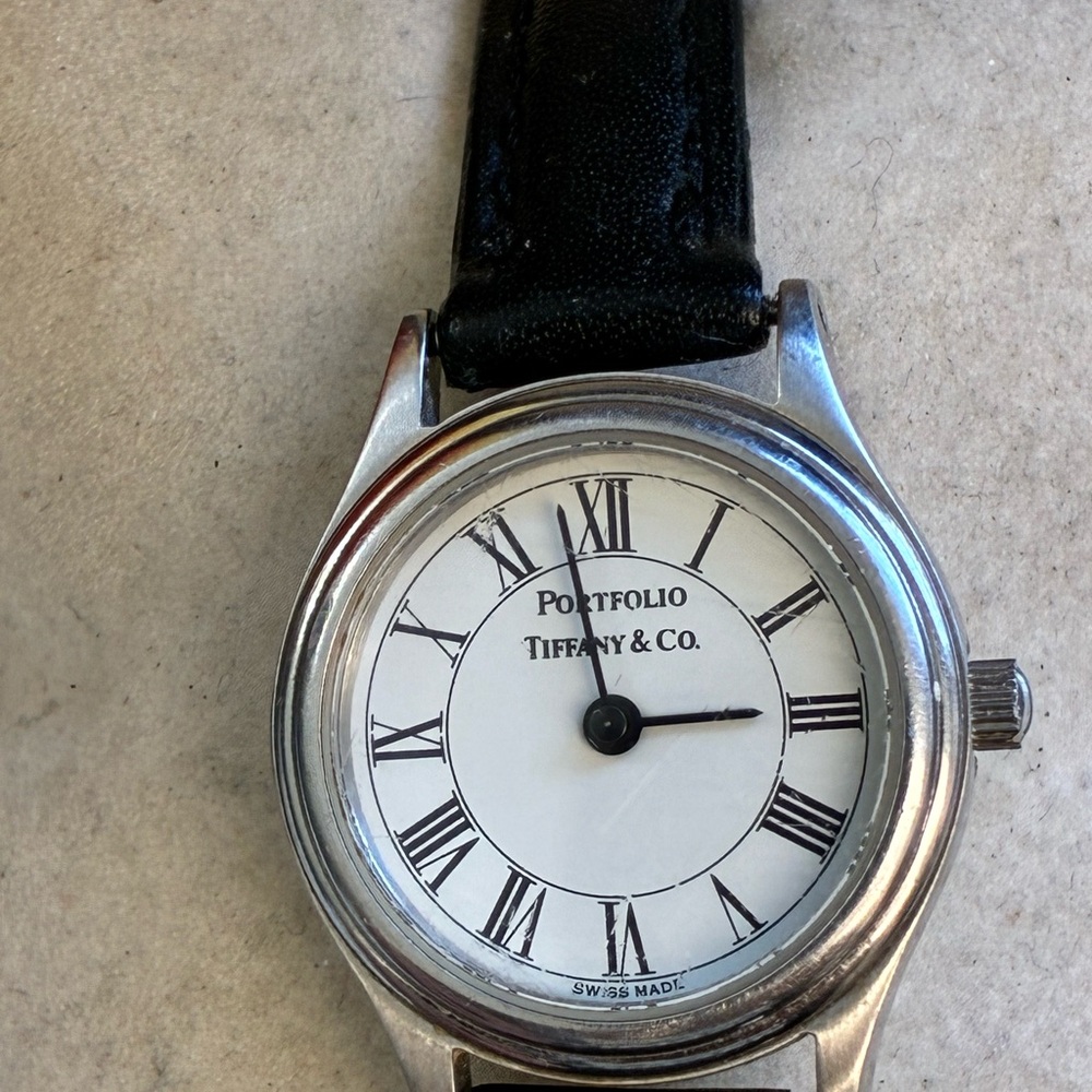 Tiffany & Co. White Dial Watch with Black Leather Strap